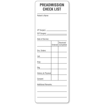 Pre-Admission Checklist Label, 6" x 2"