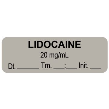 Anesthesia Label, Lidocaine 20 mg/mL Date Time Initial, 1-1/2" x 1/2"