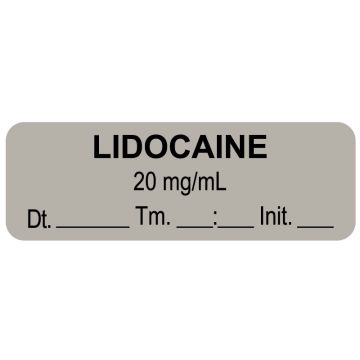 Anesthesia Label, Lidocaine 20 mg/mL Date Time Initial, 1-1/2" x 1/2"
