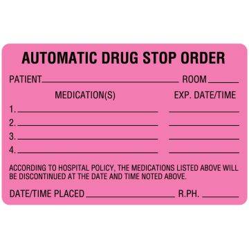 Drug Renewal and Stop Order Label, 4" x 2-5/8"