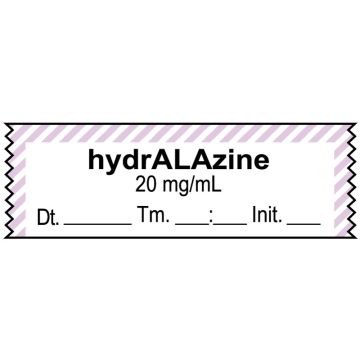 Anesthesia Tape, Hydralazine 20 mg/mL, Date Time Initial, 1-1/2" x 1/2"