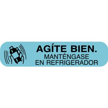 SHAKE WELL, REFRIGERATE, Spanish Version Medication Instruction Label,  1-5/8" x 3/8"
