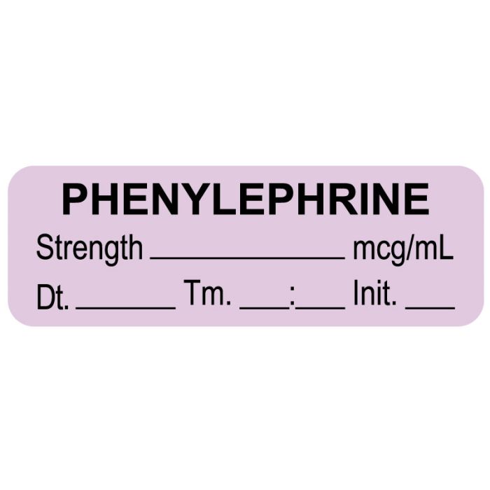 Anesthesia Label, Phenylephrine mcg/mL Date Time Initial, 1-1/2" x 1/2" main product photo