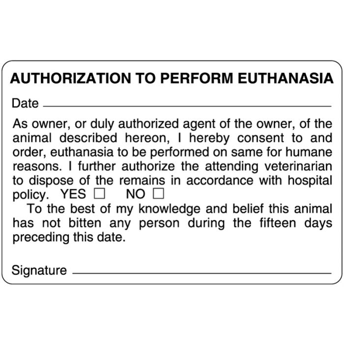 Euthanasia, Authorization and Consent for Treatment Label, 4" x 2-5/8" main product photo